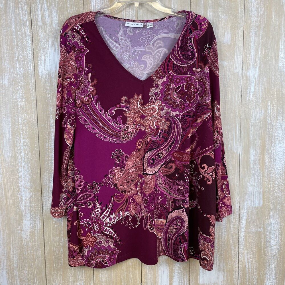 Susan Graver Liquid Knit V-Neck Top XL Pink Magenta Red Paisley 3/4 Sleeve